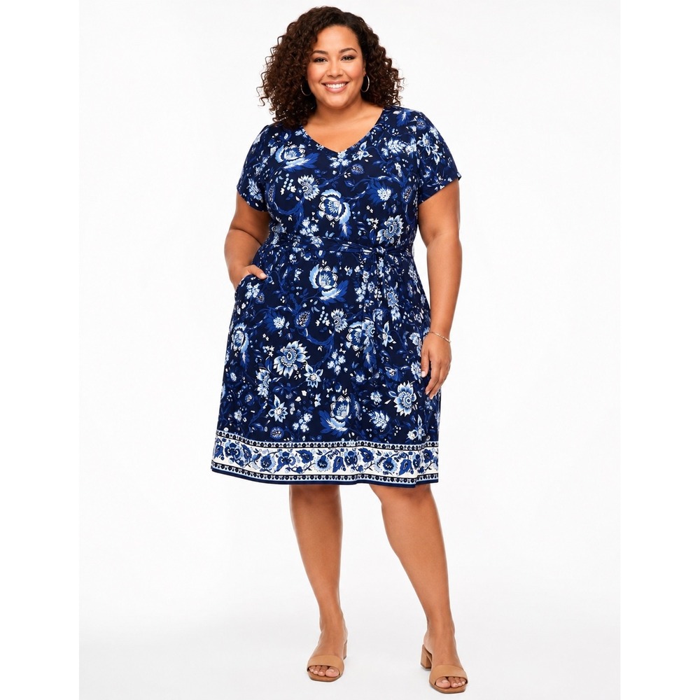 Talbots Plus Petite 3XP Navy‎ Blue Floral Side Tie V-Neck Sheath Dress NWT
